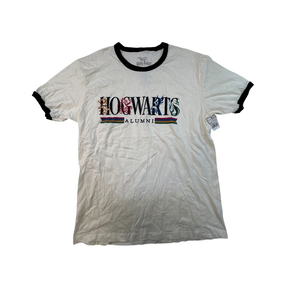 Harry Potter Hogwarts Alumni Ringer T-Shirt Universal Studios Natural Black L